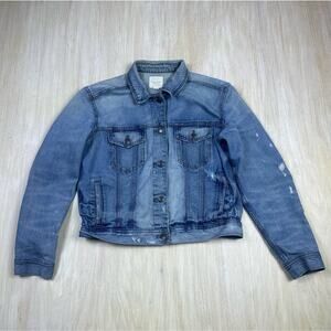 American Eagle Distressed Cropped Denim Jacket Classic Casual Fitted Jean Medium